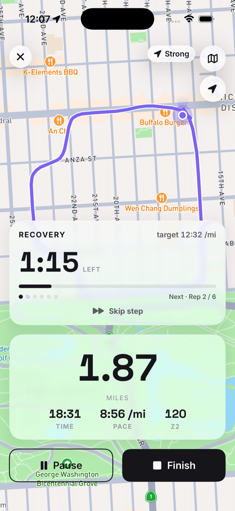 A guided run in progress: the live lavender route trace, the current recovery interval, distance, pace, and heart-rate zone.